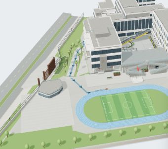 示意路线局部:蓝色箭头从楼体出口延伸向操场